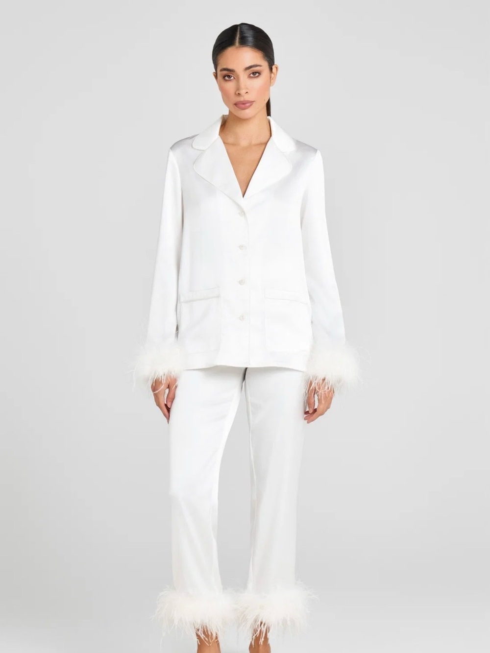 Cream Feather-Trim Button PJ set